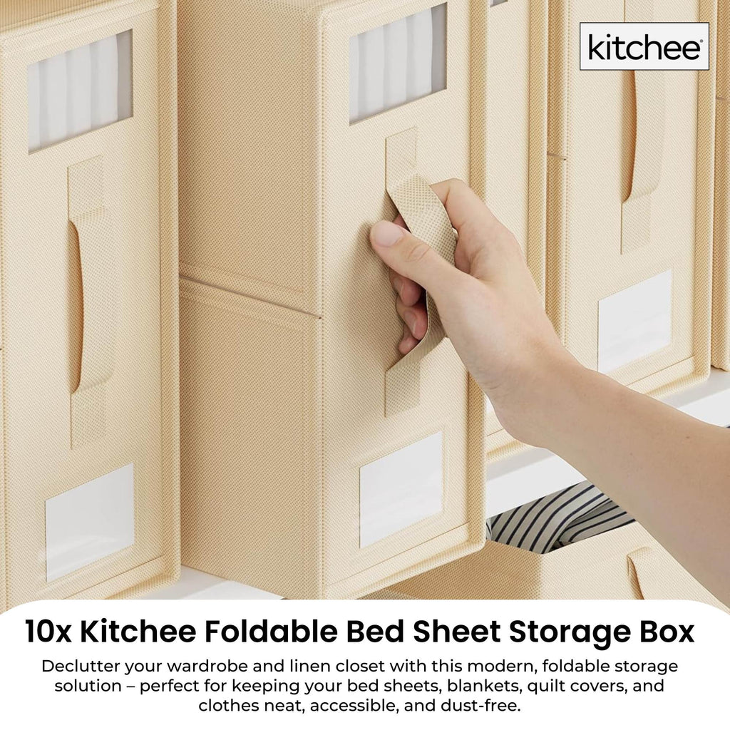 Kitchee 10x Foldable Bed Sheet Storage Box - Linen + Closet Organiser Beige-1