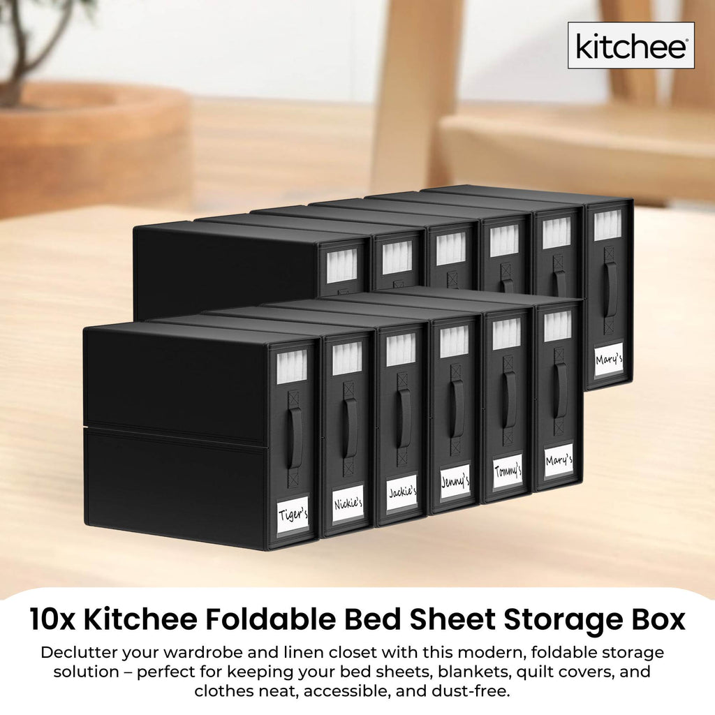 Kitchee 10x Foldable Bed Sheet Storage Box - Linen + Closet Organiser Black-1