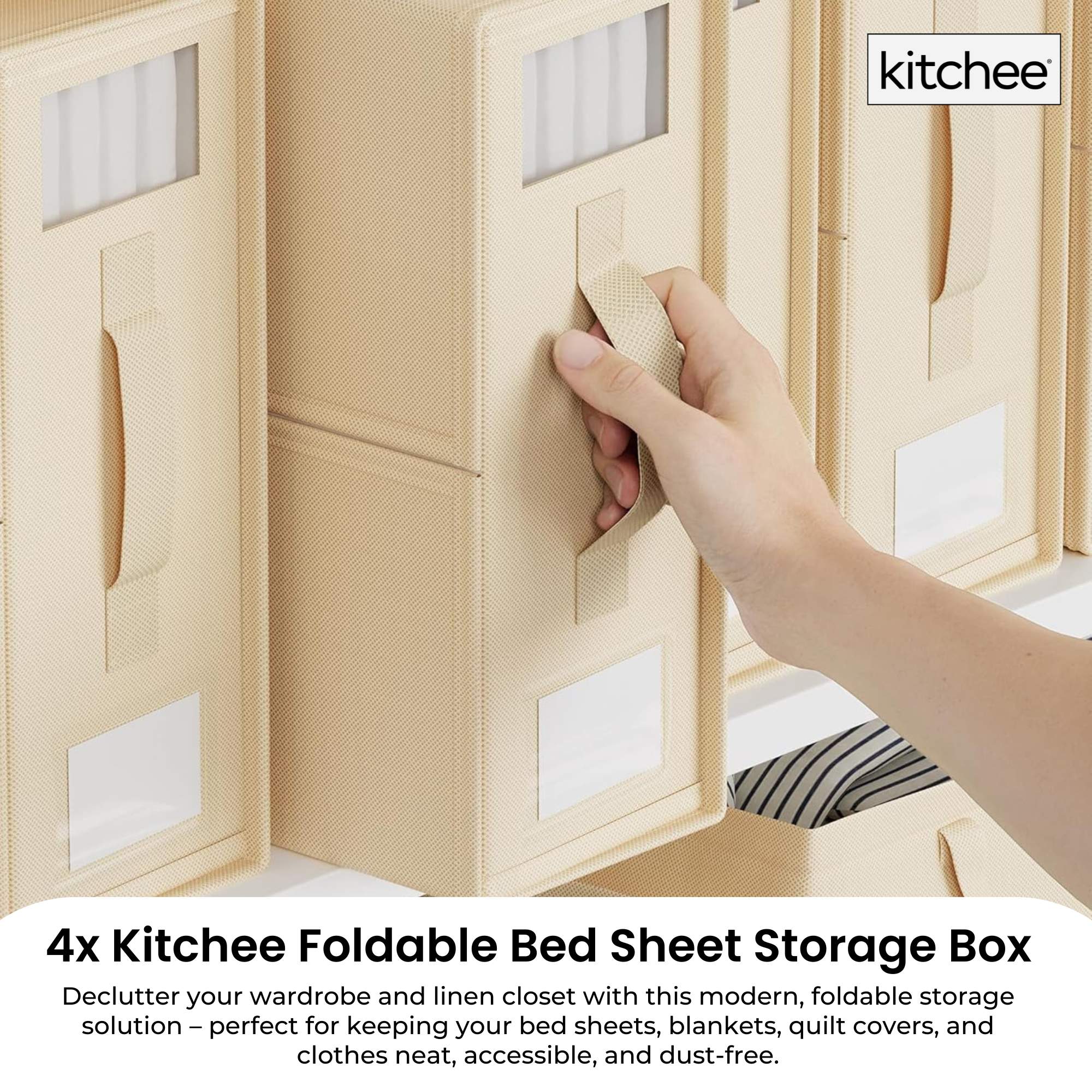 Kitchee 4x Foldable Bed Sheet Storage Box - Linen + Closet Organiser Beige-1
