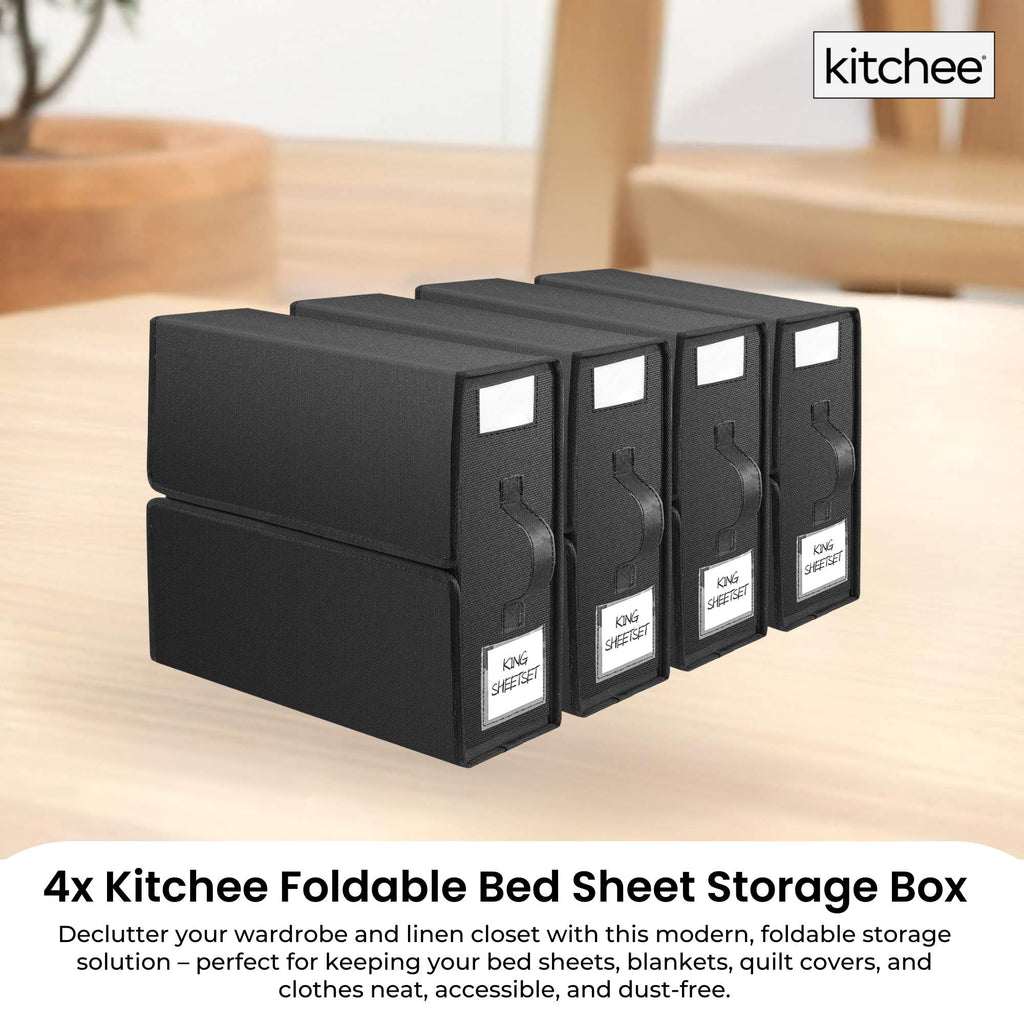 Kitchee 4x Foldable Bed Sheet Storage Box - Linen + Closet Organiser Black-1