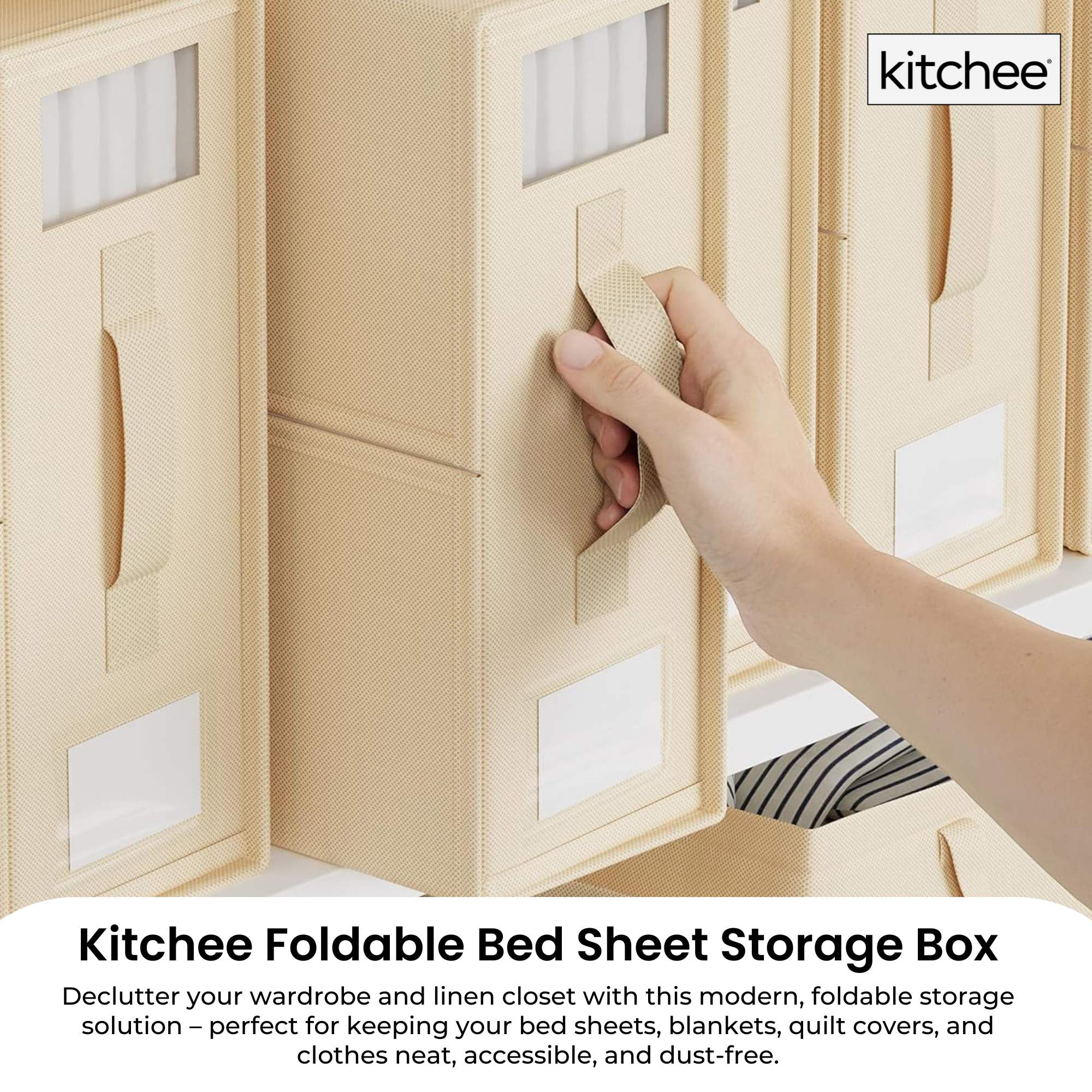 Kitchee Foldable Bed Sheet Storage Boxes - Linen Blanket and Closet Organiser Beige-1