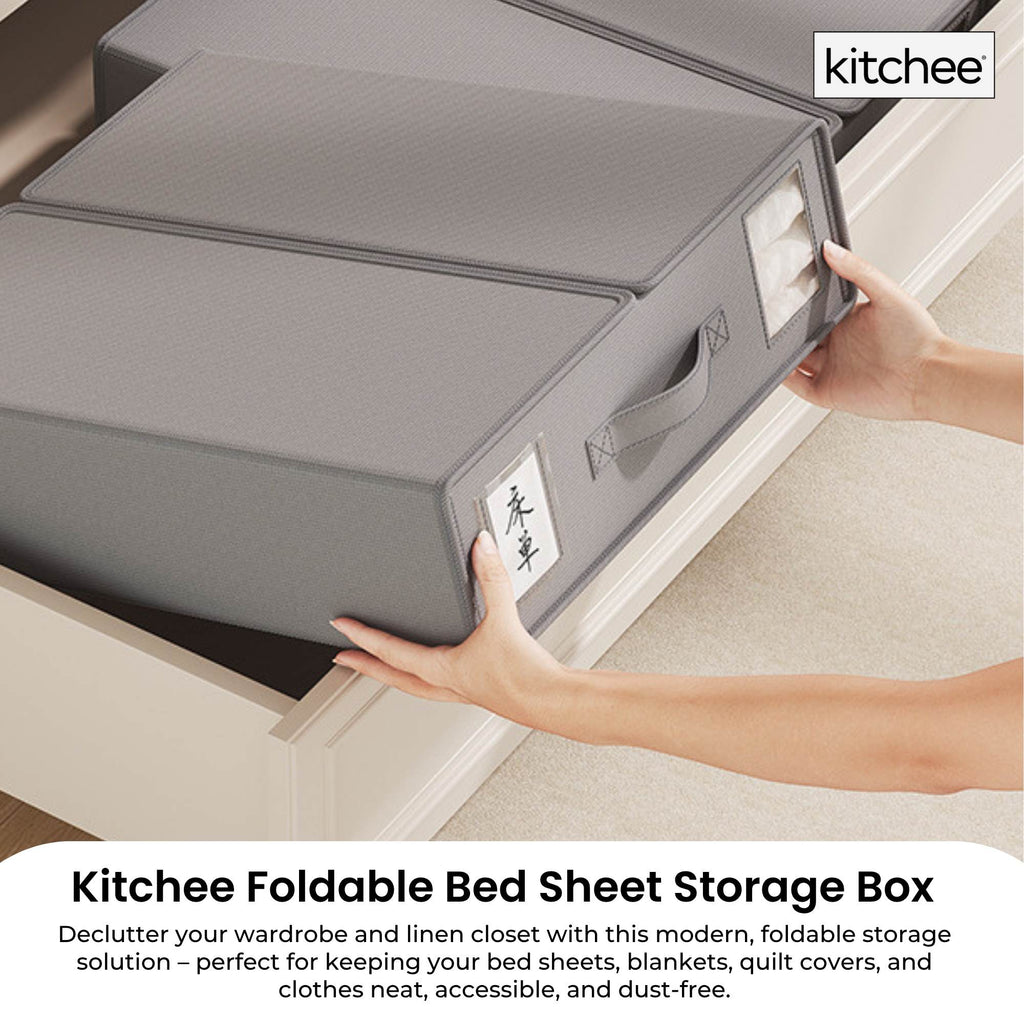 Kitchee Foldable Bed Sheet Storage Boxes - Linen Blanket and Closet Organiser Grey-1