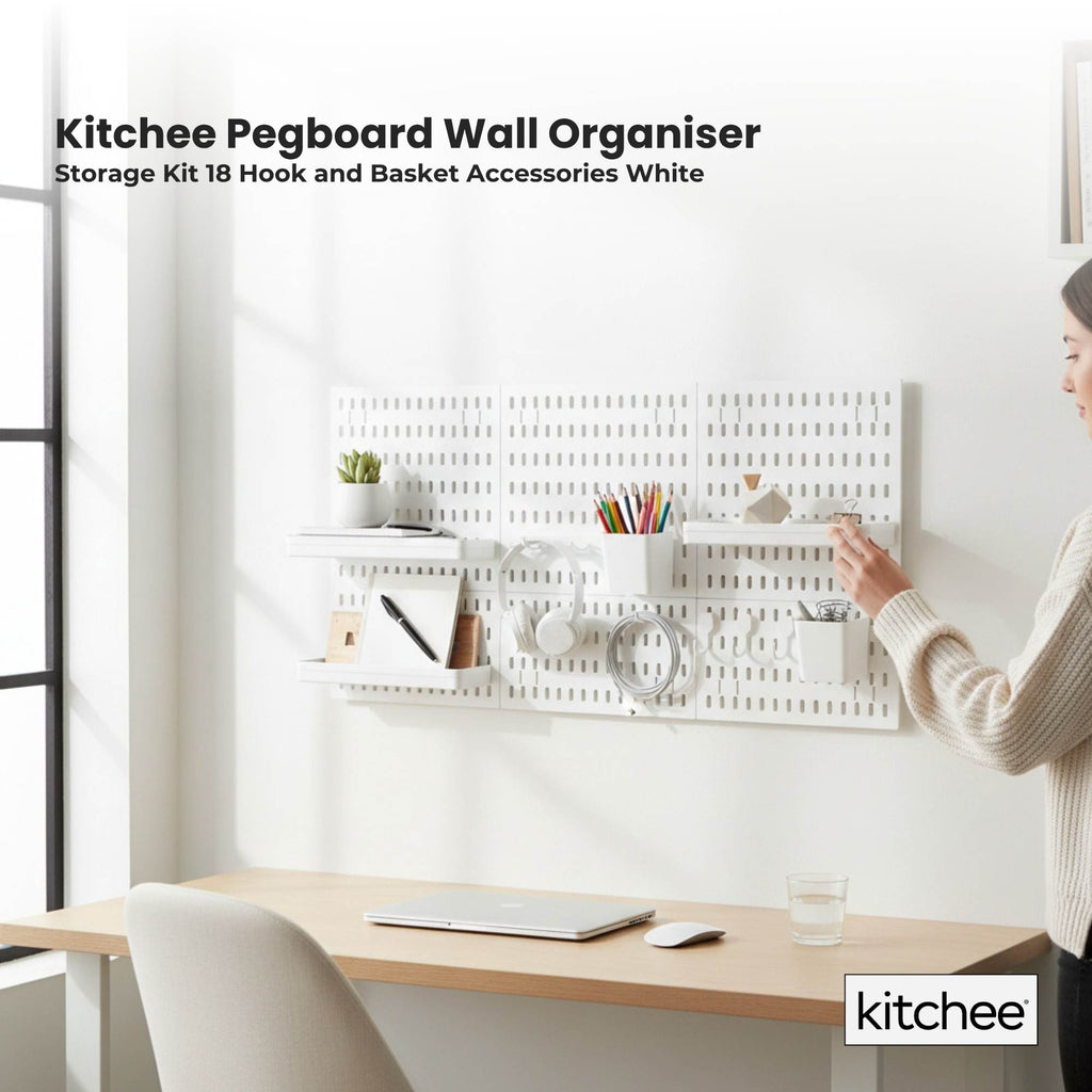 Kitchee Pegboard Wall Organiser Storage Kit 18 with Hooks and Baskets White-1