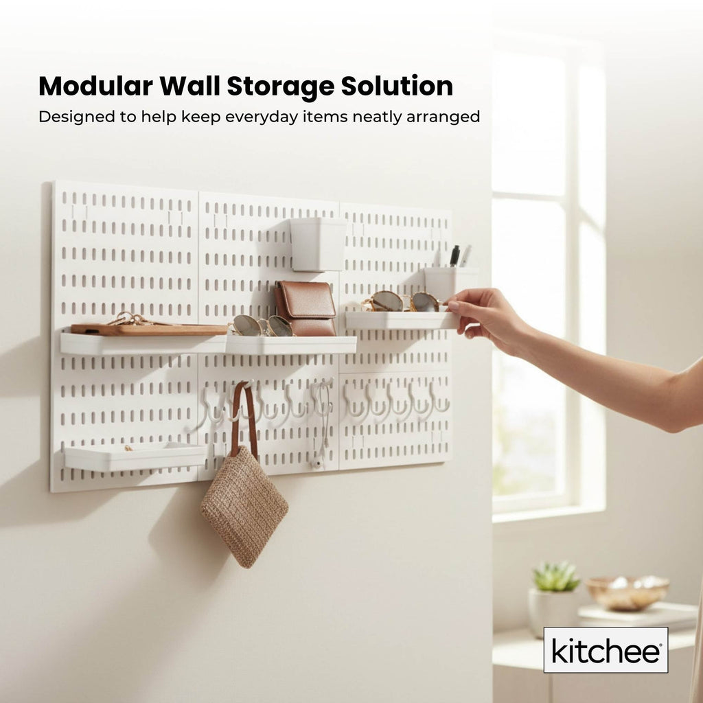 Kitchee Pegboard Wall Organiser Storage Kit 18 with Hooks and Baskets White-2
