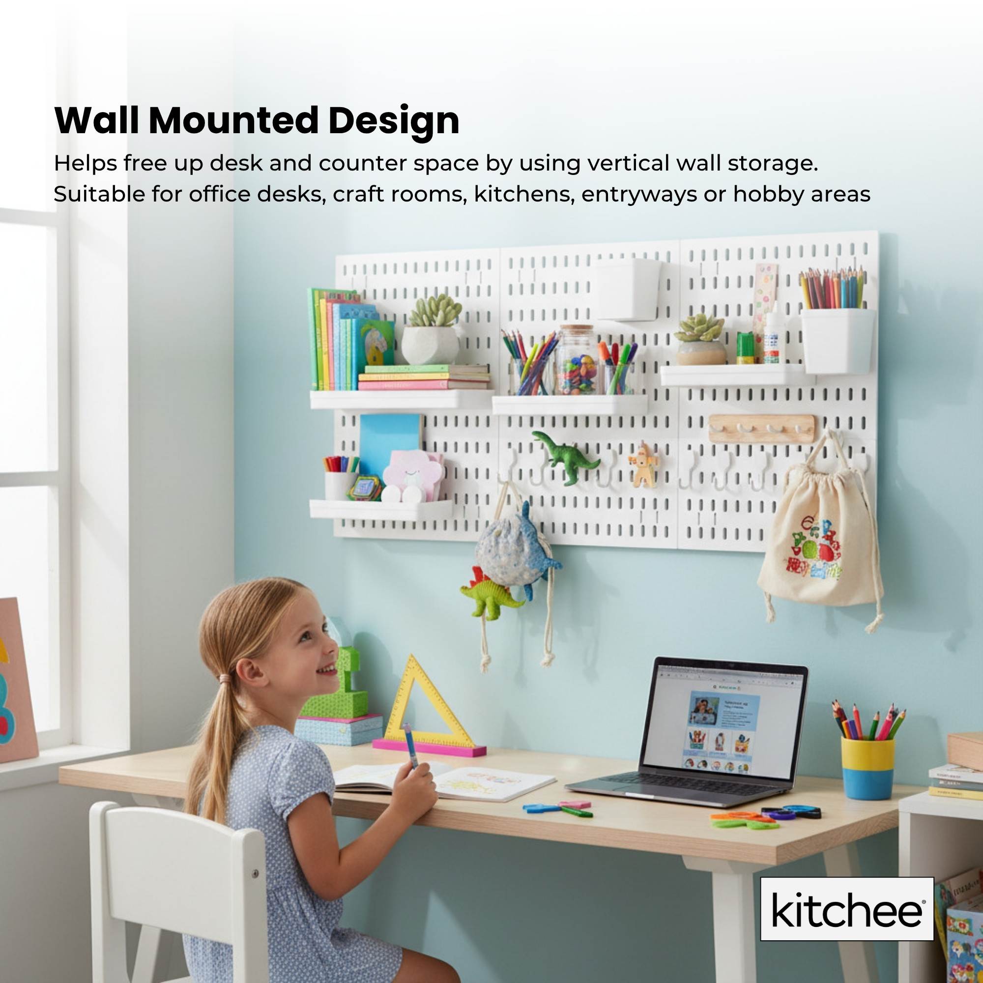 Kitchee Pegboard Wall Organiser Storage Kit 18 with Hooks and Baskets White-3