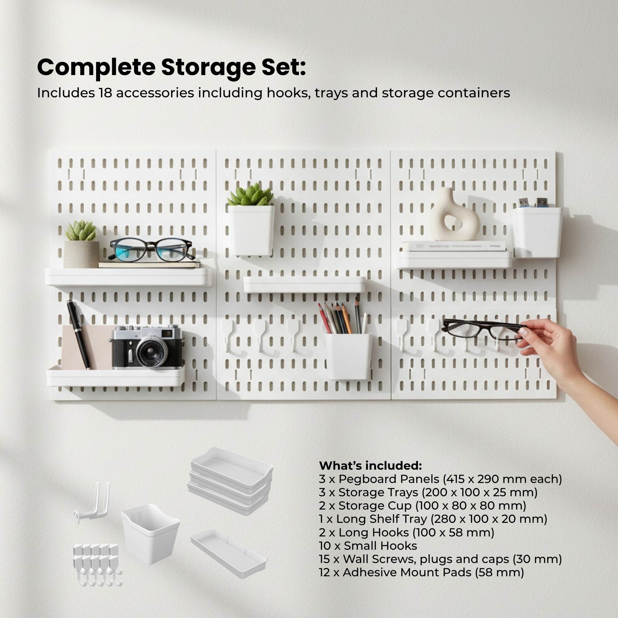 Kitchee Pegboard Wall Organiser Storage Kit 18 with Hooks and Baskets White-4