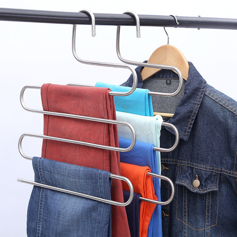 NNEOBA 5 layers Stainless Steel Clothes Hangers S Shape Pants Storage Hangers Clothes Storage Rack Multilayer Storage Cloth Hanger-3