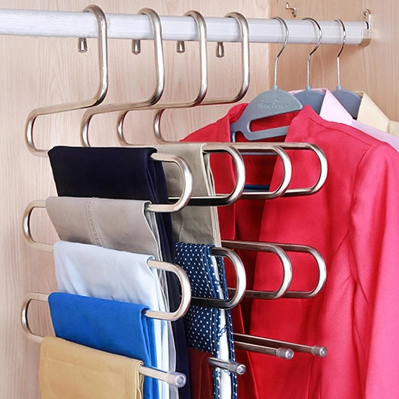 NNEOBA 5 layers Stainless Steel Clothes Hangers S Shape Pants Storage Hangers Clothes Storage Rack Multilayer Storage Cloth Hanger-0