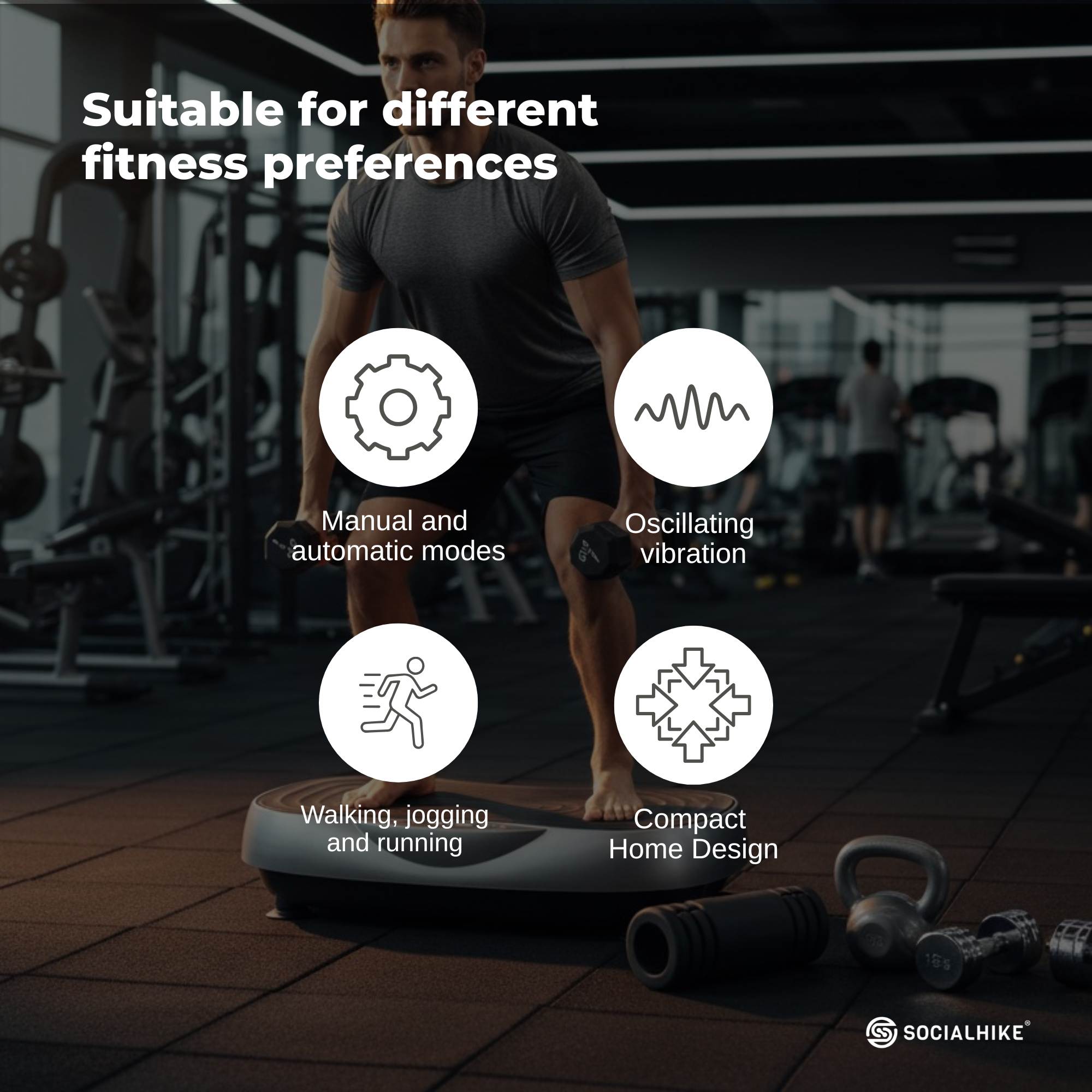 Social Hike 55cm Vibration Plate Machine Full Body Exercise Platform 200W Grey-4
