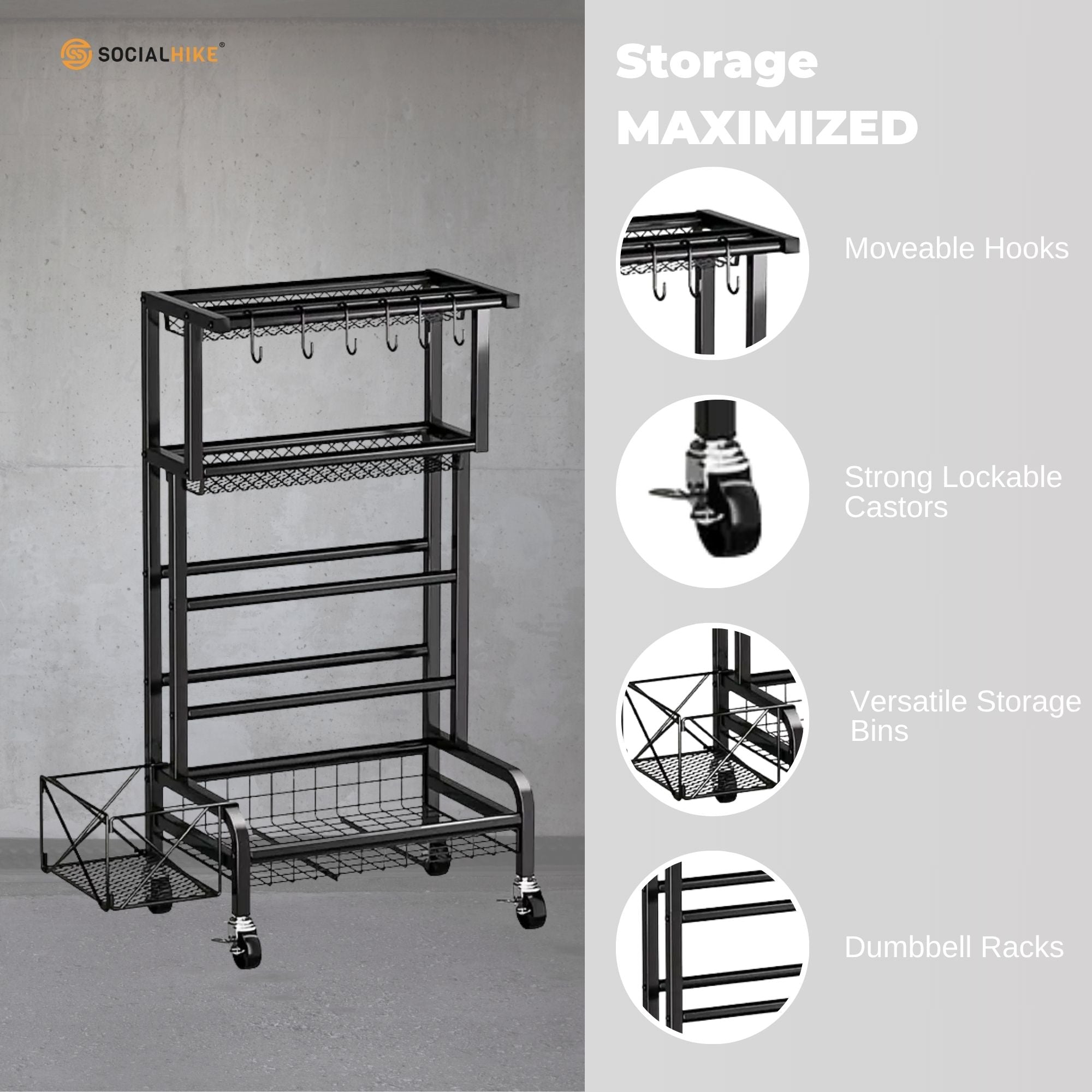 Social Hike Gym Equipment Storage Rack on Wheels - Dumbbells Weights Stand-2