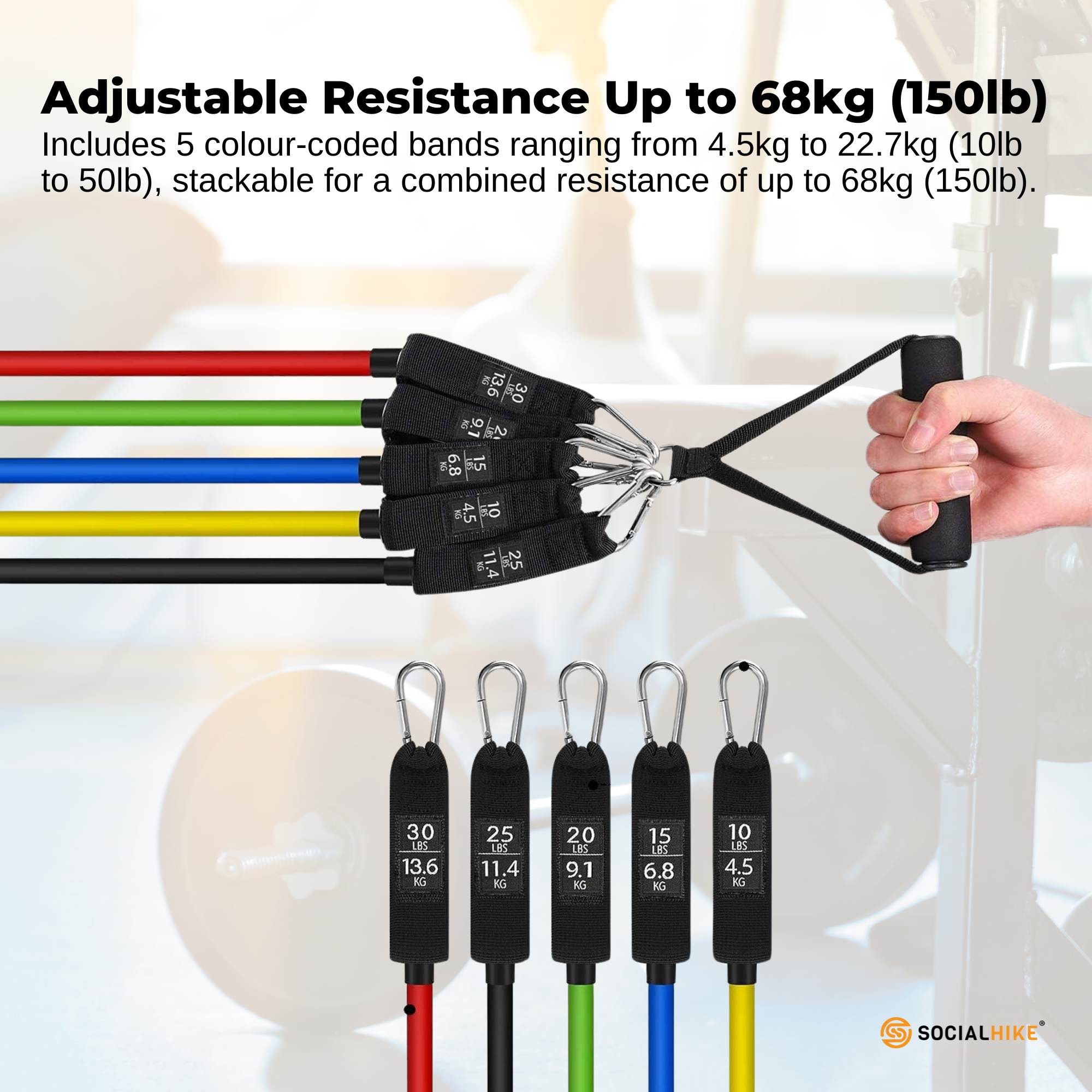 Social Hike Resistance Band Set with Handles - 11pcs Home Workout Kit 4.5-68kg-2