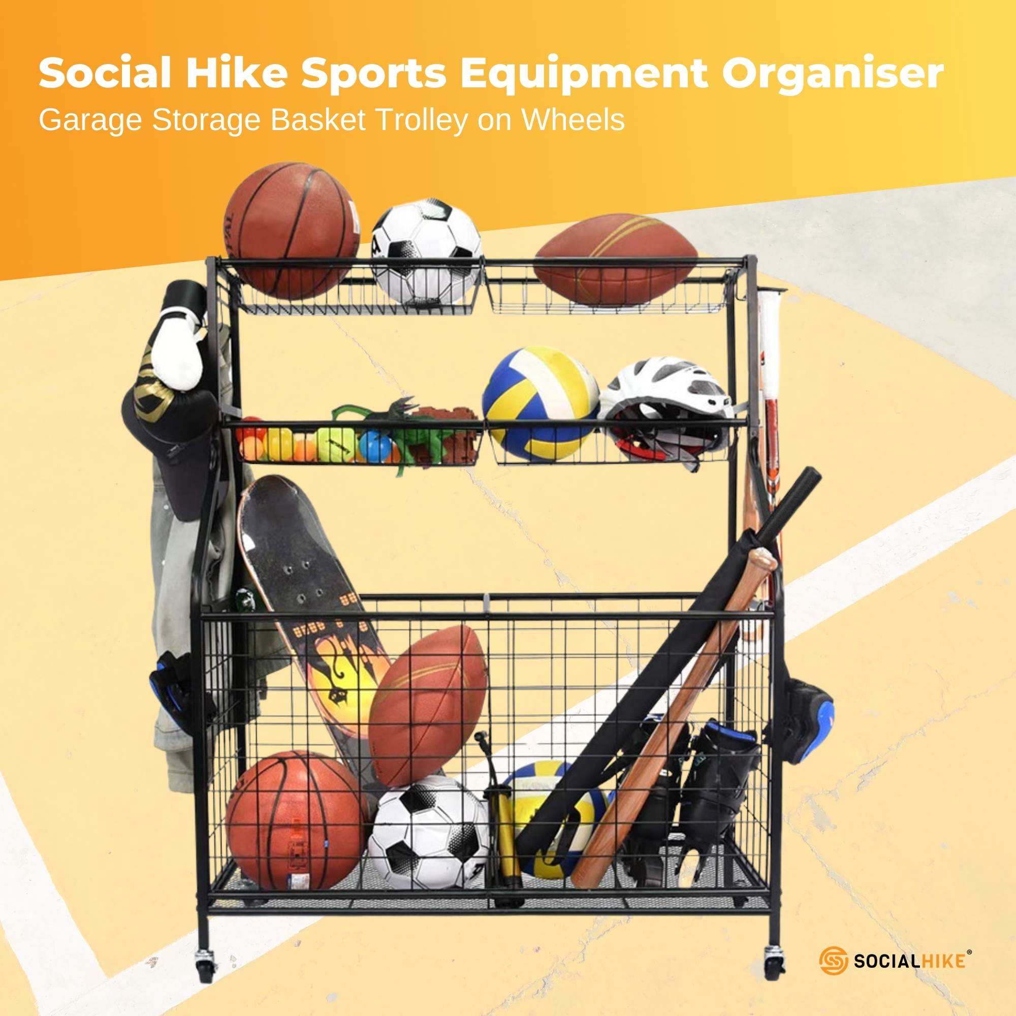 Social Hike Sports Equipment Storage Organiser Trolley on Wheels for Garage-1