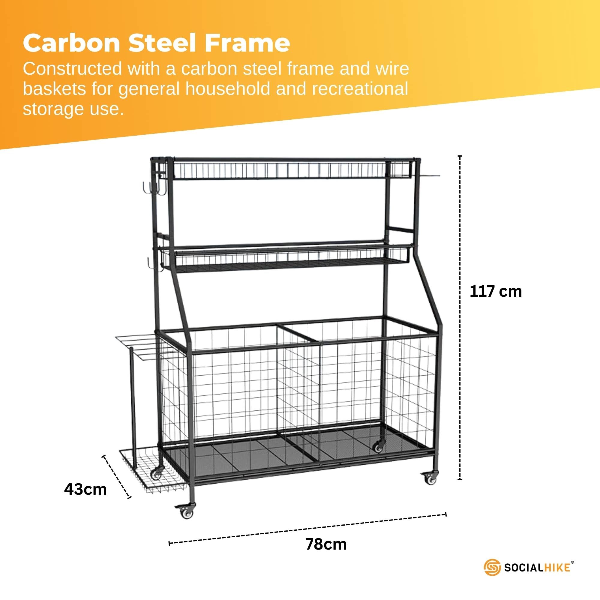 Social Hike Sports Equipment Storage Organiser and Side Rack Garage Trolley-2