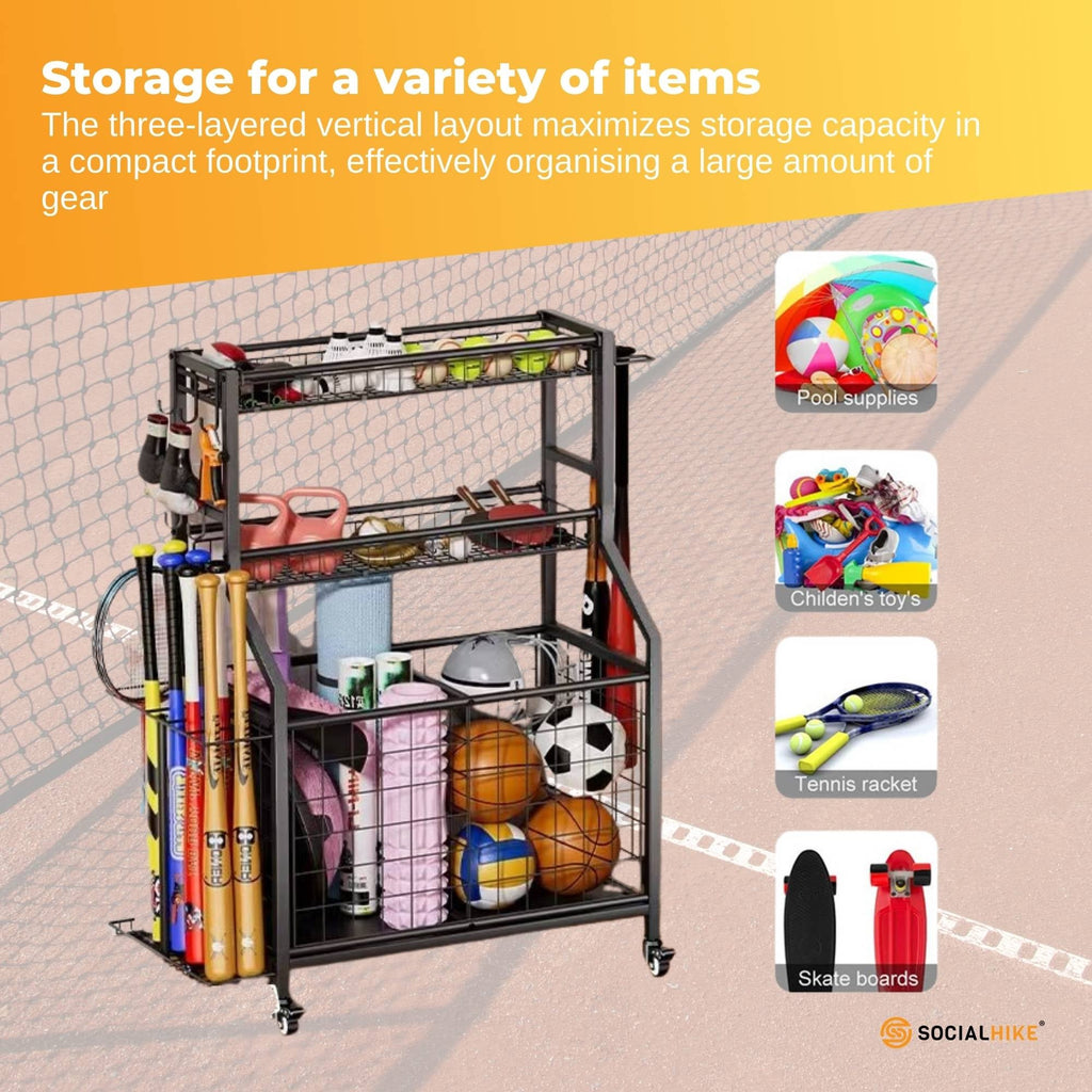 Social Hike Sports Equipment Storage Organiser and Side Rack Garage Trolley-3