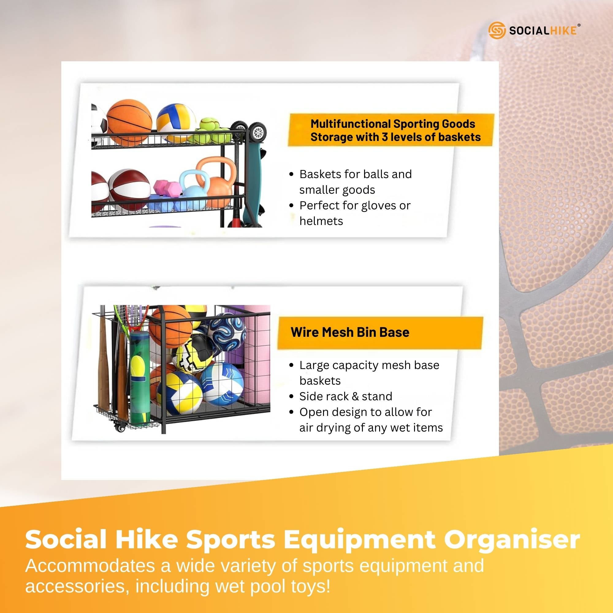 Social Hike Sports Equipment Storage Organiser and Side Rack Garage Trolley-4