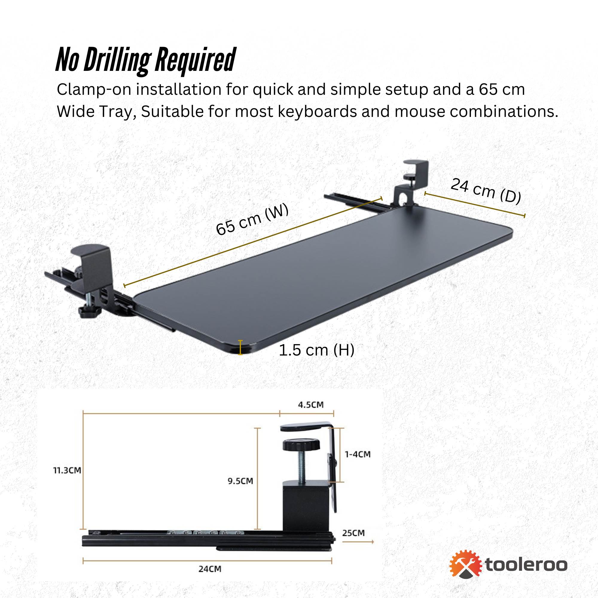 Tooleroo Computer Keyboard Tray Under Desk Clamp On Pull Out 65cm - Black-3