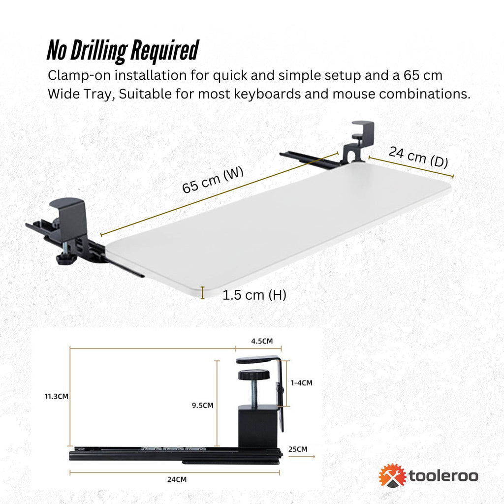 Tooleroo Computer Keyboard Tray Under Desk Clamp On Pull Out 65cm - White-3