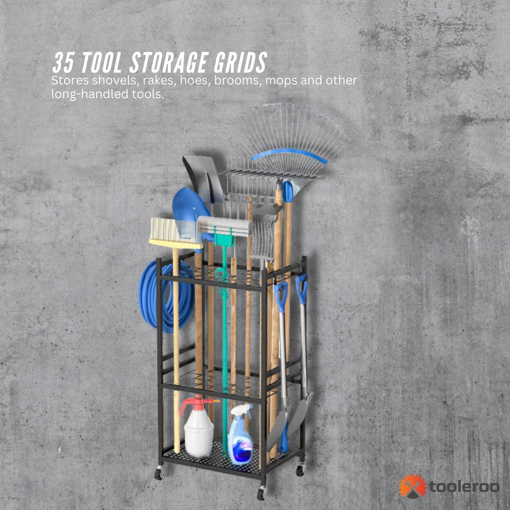 Tooleroo Garden Tool Organiser Rack - Rolling Storage Trolley for Yard Garage-1