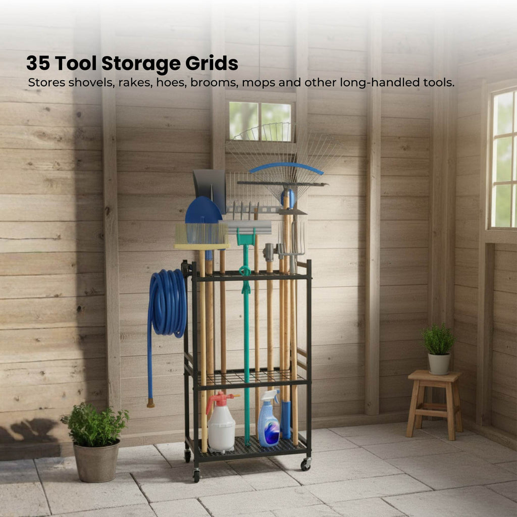 Tooleroo Garden Tool Organiser Rack - Rolling Storage Trolley for Yard Garage-4