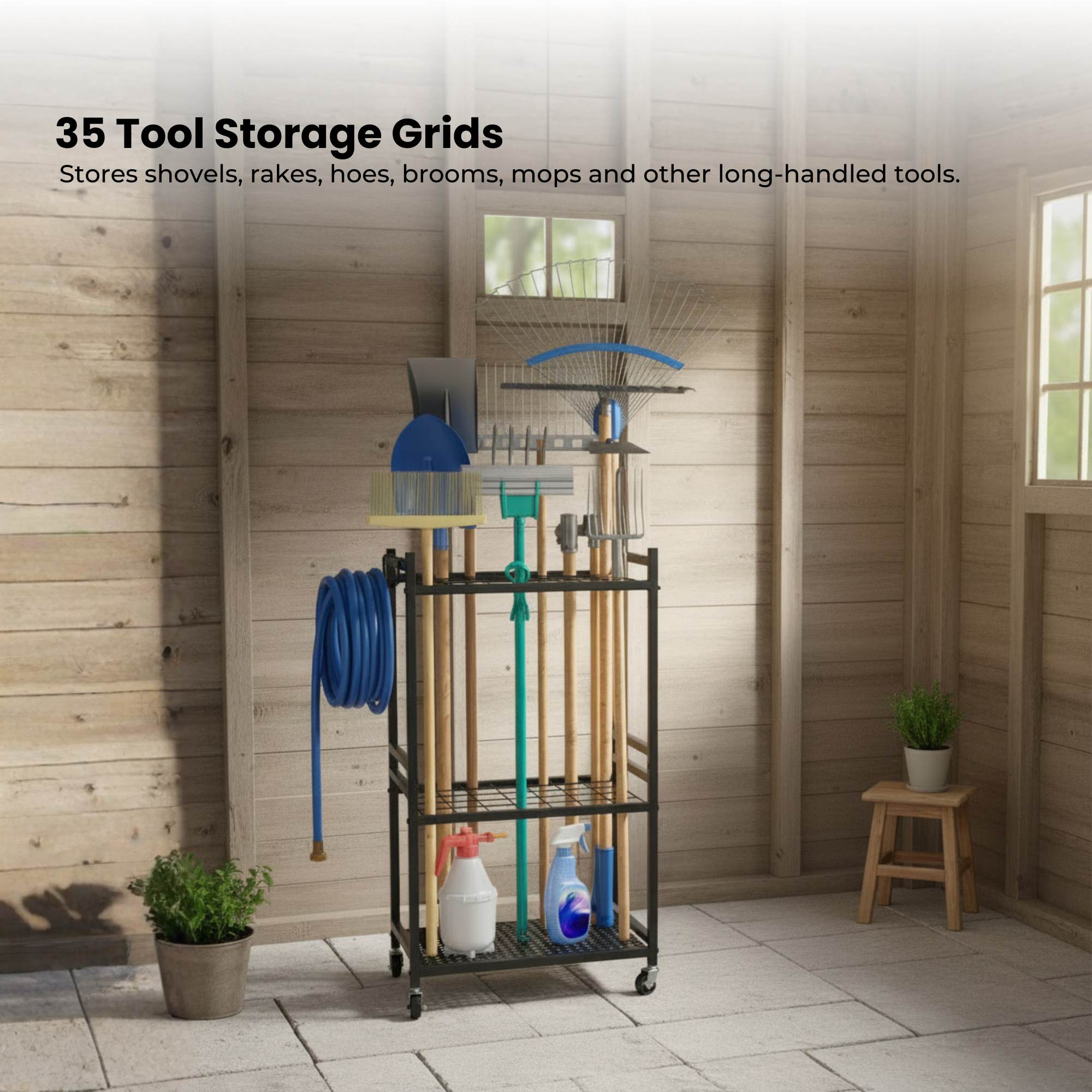 Tooleroo Garden Tool Organiser Rack - Rolling Storage Trolley for Yard Garage-4