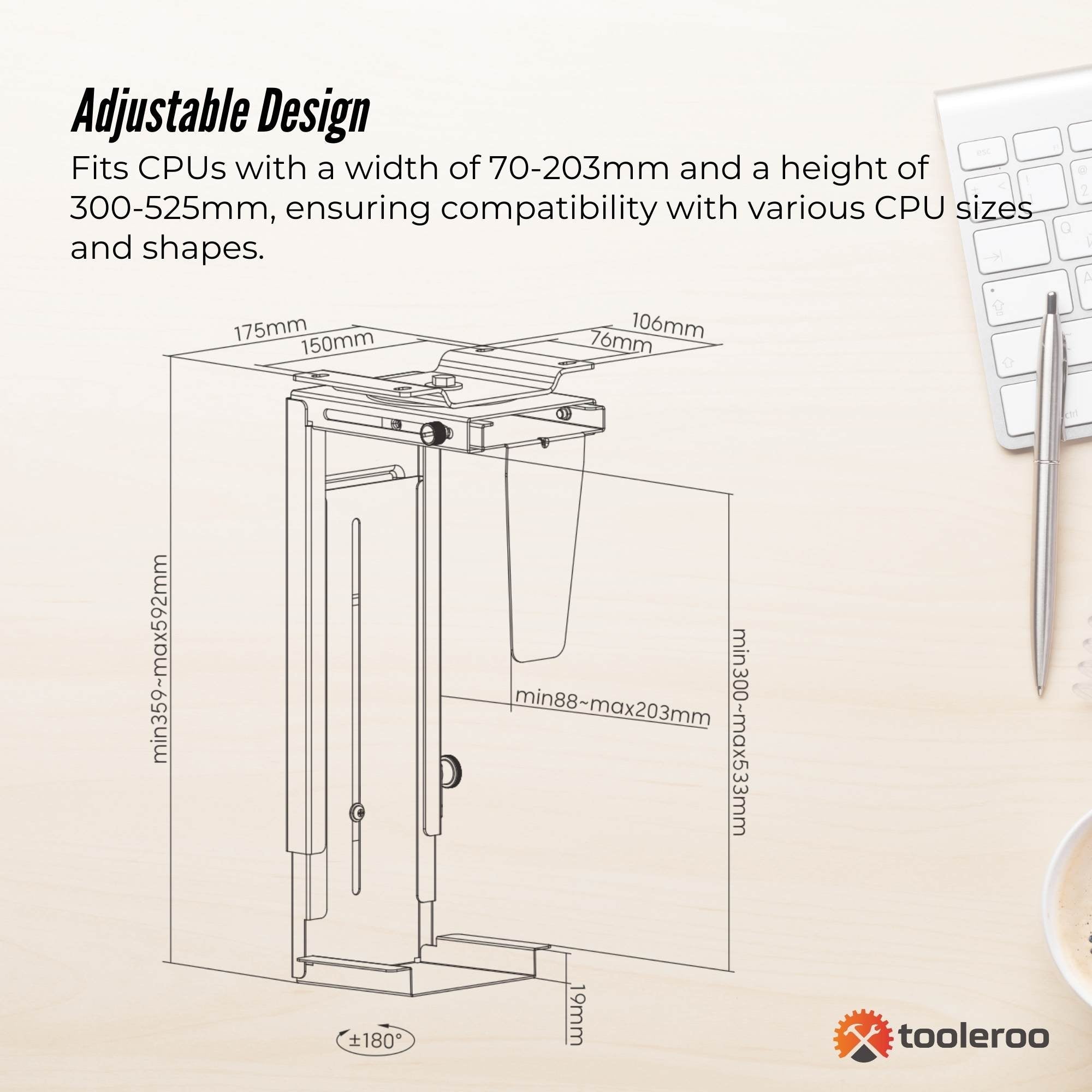 Tooleroo Under Desk CPU Holder PC Mount - Adjustable 360 Degree Rotation Rack-4
