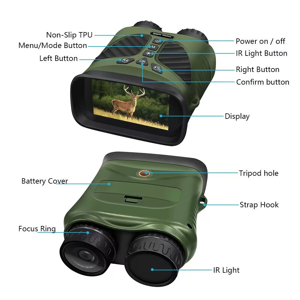 NNEDSZ Green Digital Night Vision Binoculars - 3.0'' IPS Screen, 10X Optical Zoom, 2.5K Video Recording, Infrared for 300m Range-1