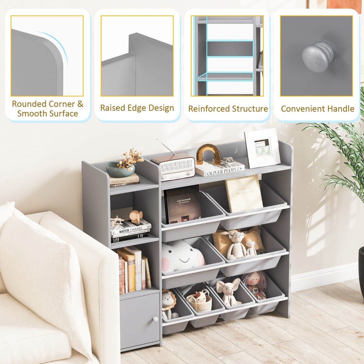 NNECW Kids Bookshelf Toy Storage Organizer with 8 Storage Boxes-2